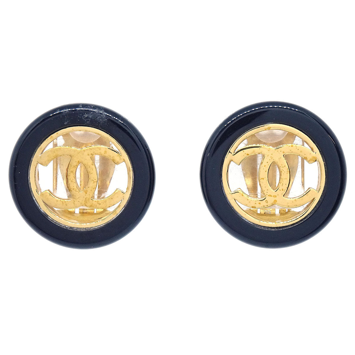 Chanel Button Clip-On Earrings Black Gold 97A