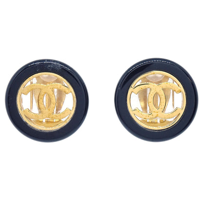 Chanel Button Clip-On Earrings Black Gold 97A