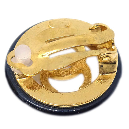 Chanel Button Clip-On Earrings Black Gold 97A