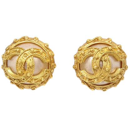 Chanel CC Costume Pearl Button Clip-On Earrings Gold 94A