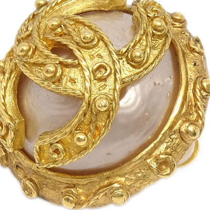 Chanel CC Costume Pearl Button Clip-On Earrings Gold 94A