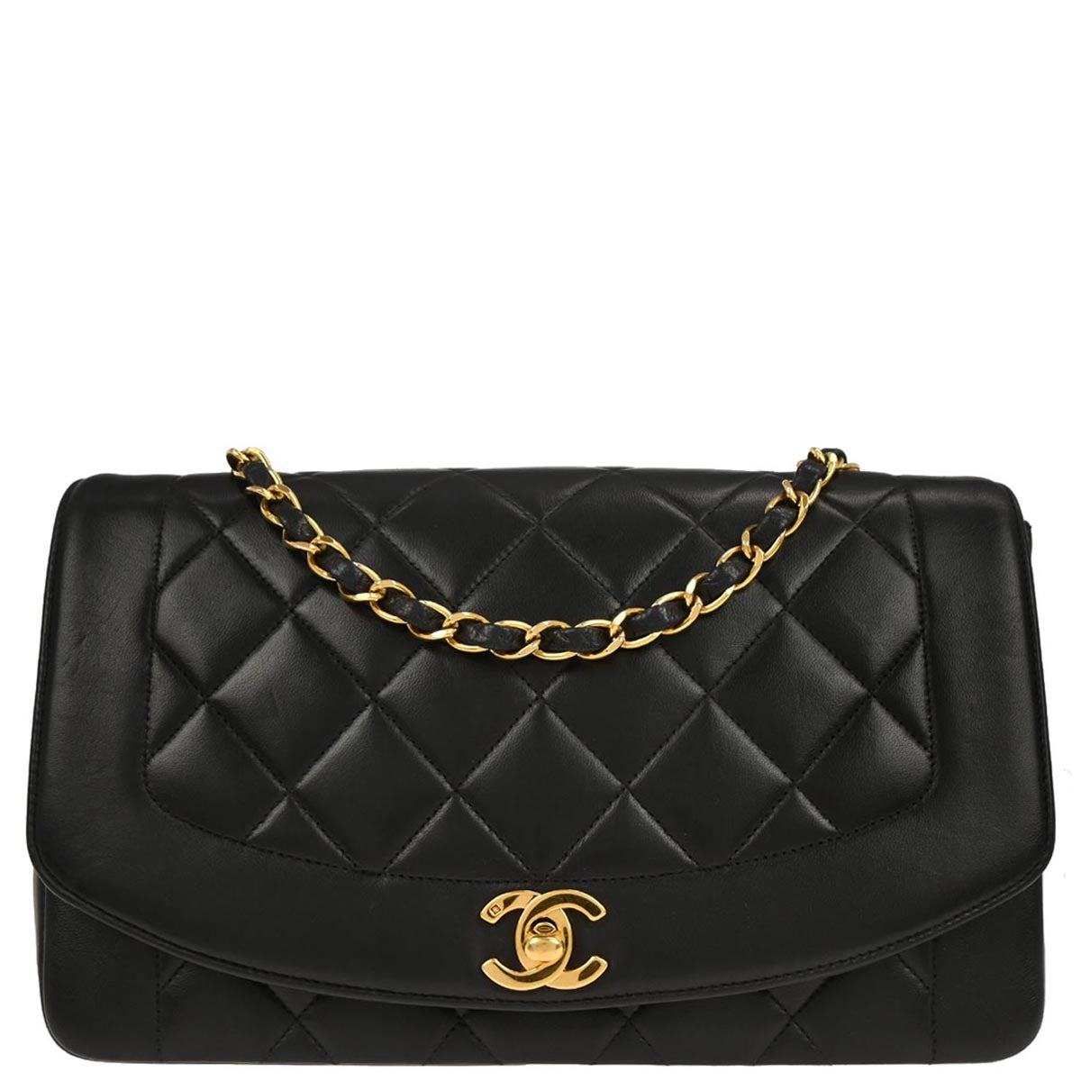 Chanel 1991-1994 Black Lambskin Medium Diana Shoulder Bag