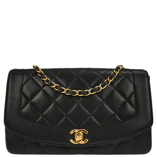 Chanel 1991-1994 Black Lambskin Medium Diana Shoulder Bag