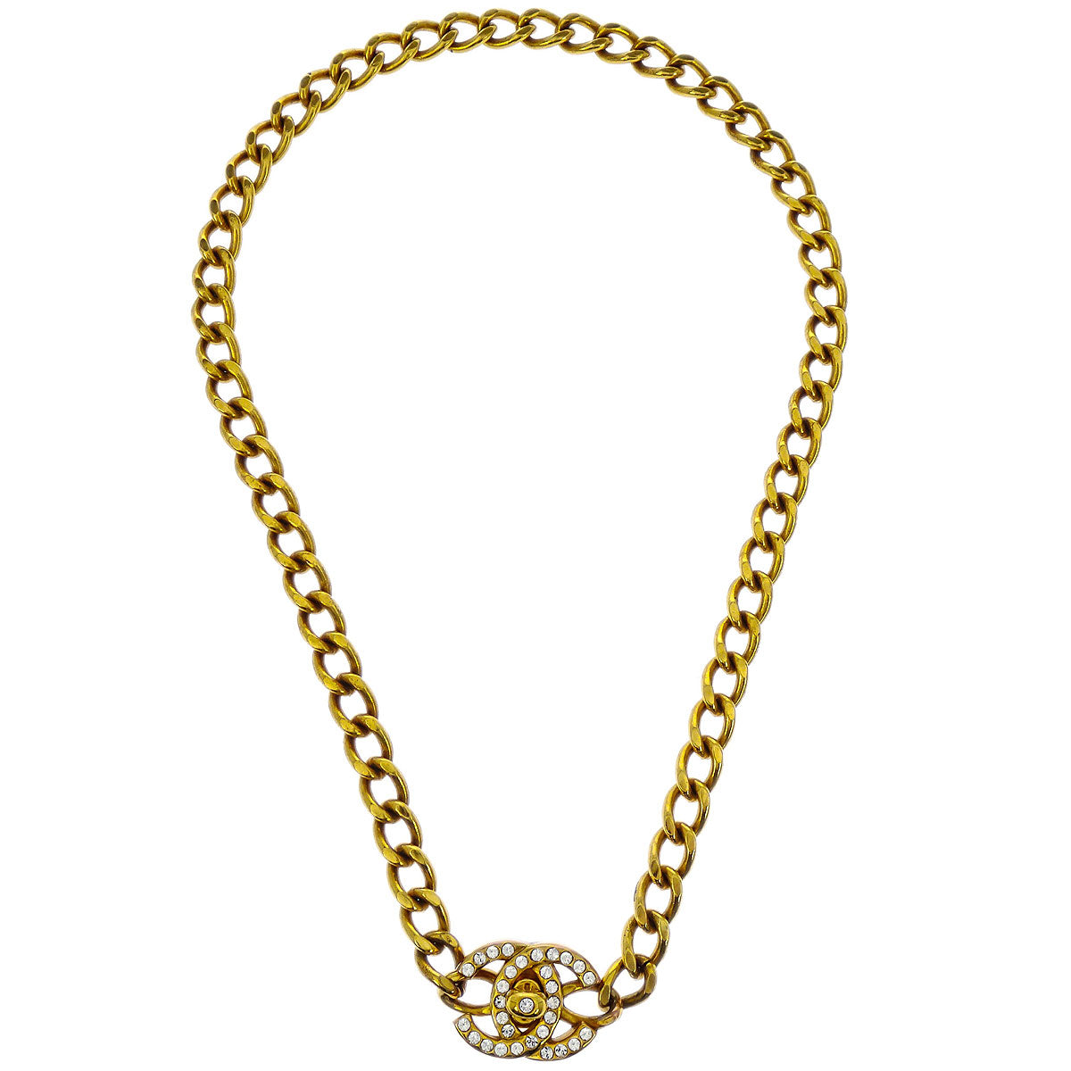 Chanel Turnlock Gold Chain Rhinestone Necklace 96A