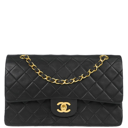 Chanel 1991-1994 Black Lambskin Medium Classic Double Flap Shoulder Bag