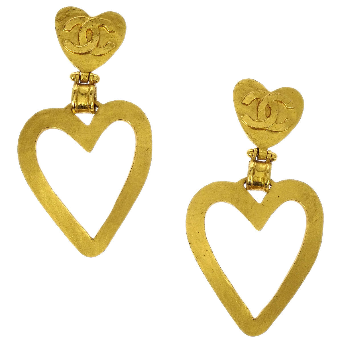 Chanel Heart Dangle Hoop Gold Clip-On Earrings 95P