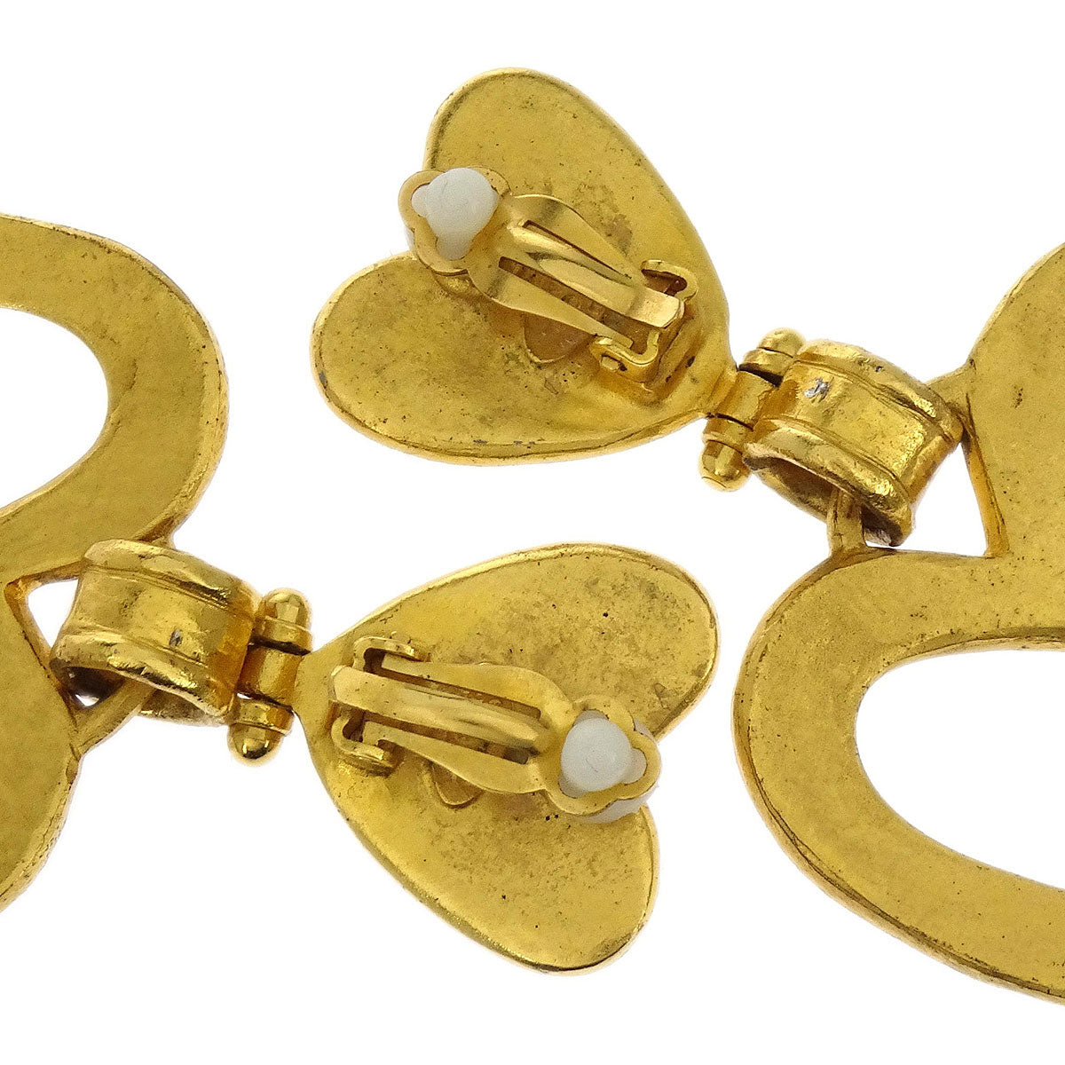 Chanel Heart Dangle Hoop Gold Clip-On Earrings 95P