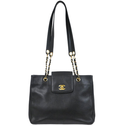 Chanel 1996-1997 Black Caviar Skin Chain Shoulder Tote Bag