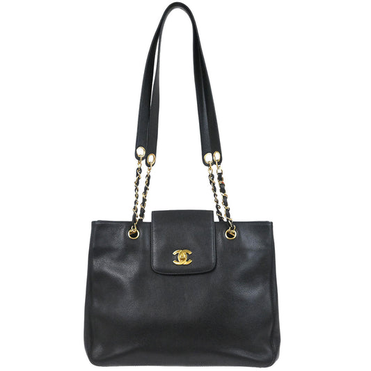 Chanel 1996-1997 Black Caviar Skin Chain Shoulder Tote Bag