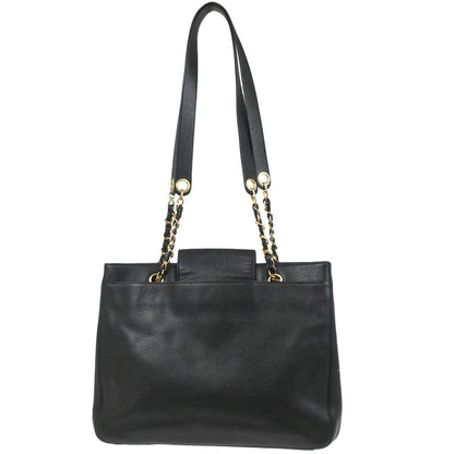 Chanel 1996-1997 Black Caviar Skin Chain Shoulder Tote Bag