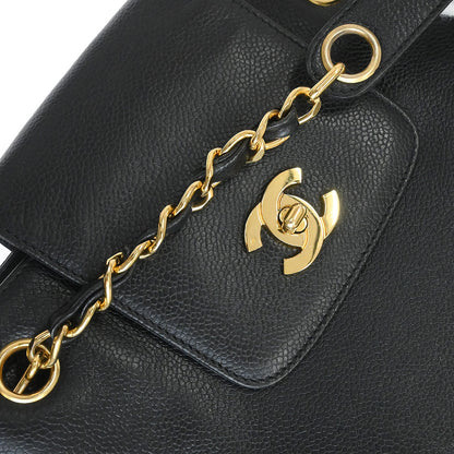 Chanel 1996-1997 Black Caviar Skin Chain Shoulder Tote Bag