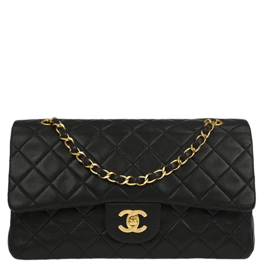 Chanel 1989-1991 Black Lambskin Medium Classic Double Flap Shoulder Bag