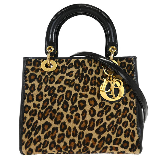 Christian Dior * 1997 Brown Pony Hair Leopard Medium Lady Dior 2way Shoulder Handbag