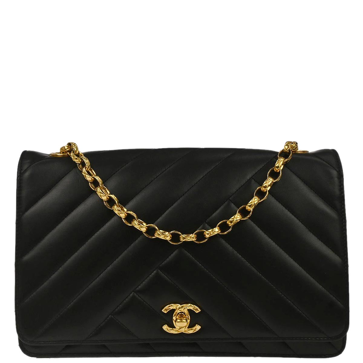 Chanel 1991-1994 Black Lambskin Bias Stitch Shoulder Bag