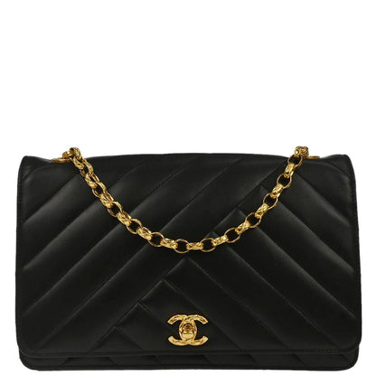 Chanel 1991-1994 Black Lambskin Bias Stitch Shoulder Bag