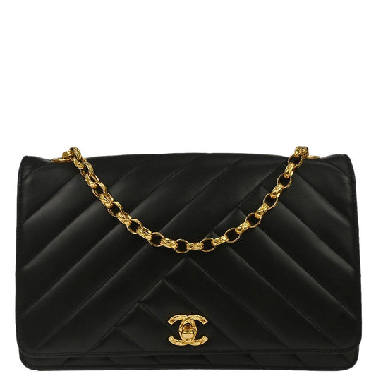 Chanel 1991-1994 Black Lambskin Bias Stitch Shoulder Bag