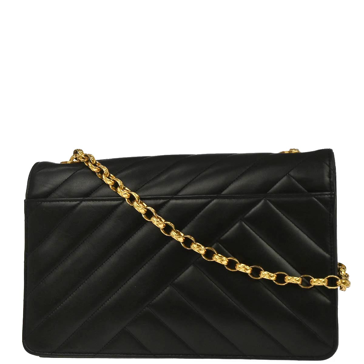 Chanel 1991-1994 Black Lambskin Bias Stitch Shoulder Bag