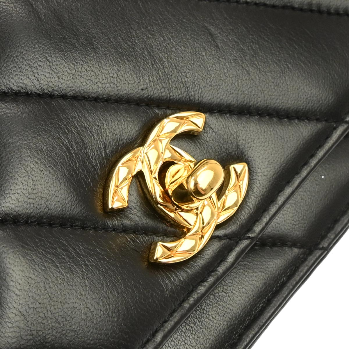 Chanel 1991-1994 Black Lambskin Bias Stitch Shoulder Bag