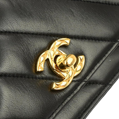 Chanel 1991-1994 Black Lambskin Bias Stitch Shoulder Bag