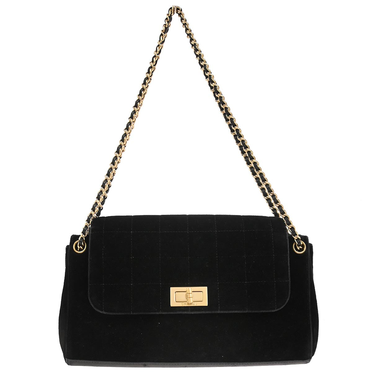 Chanel Black Velvet Choco Bar Accordion Flap Mademoiselle Lock Shoulder Bag