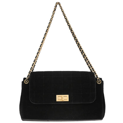 Chanel Black Velvet Choco Bar Accordion Flap Mademoiselle Lock Shoulder Bag