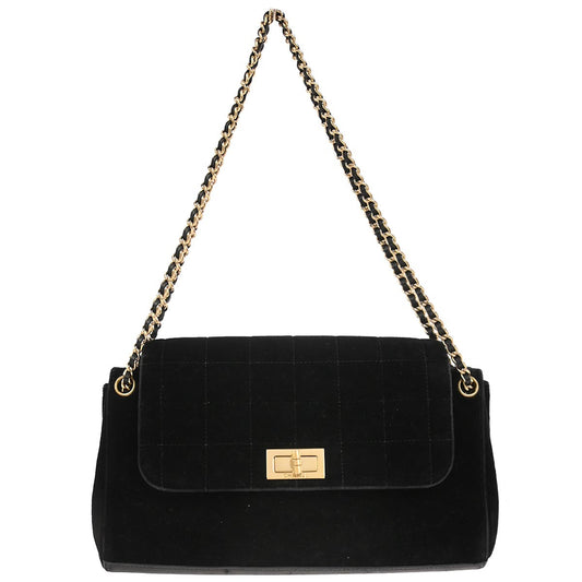 Chanel Black Velvet Choco Bar Accordion Flap Mademoiselle Lock Shoulder Bag