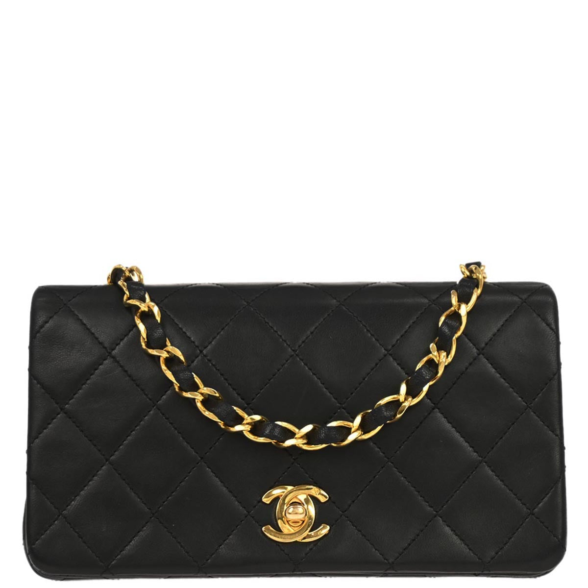 Chanel 1989-1991 Black Lambskin Turnlock Mini Full Flap Shoulder Bag