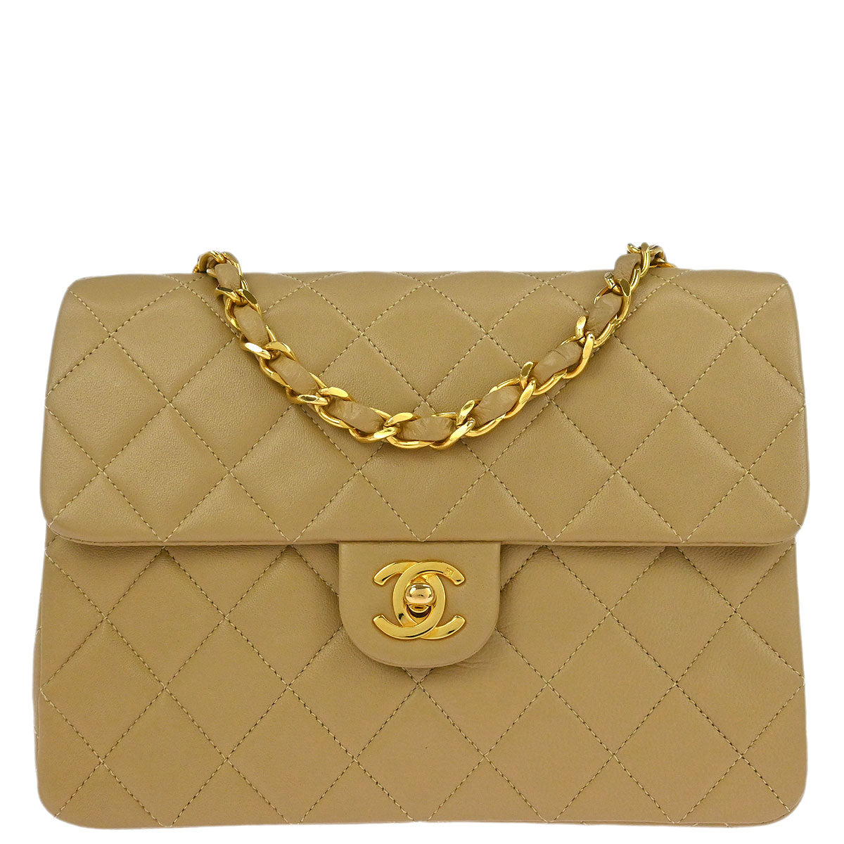 Chanel Beige Lambskin Classic Square Flap Shoulder Bag 20