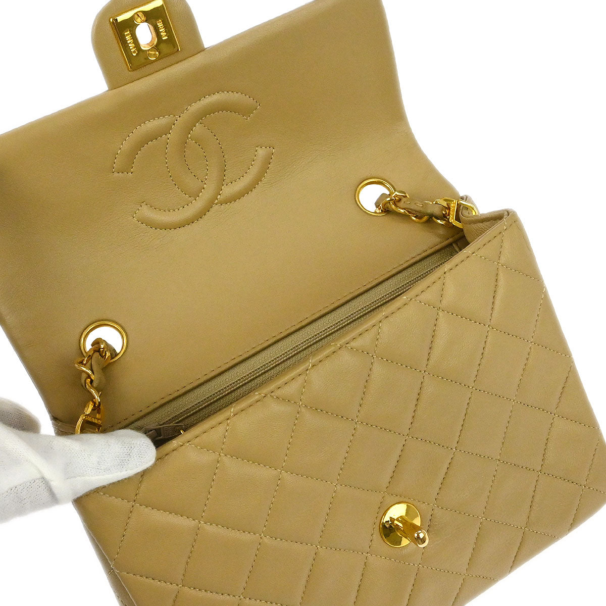 Chanel Beige Lambskin Classic Square Flap Shoulder Bag 20
