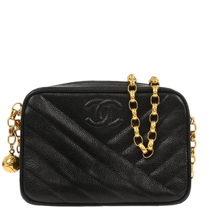 Chanel 1991-1994 Black Caviar Skin Bias Stitch Camera Bag Mini