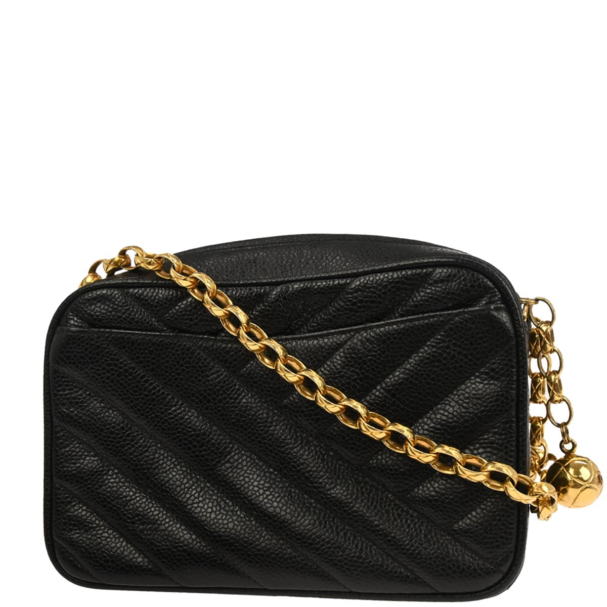 Chanel 1991-1994 Black Caviar Skin Bias Stitch Camera Bag Mini