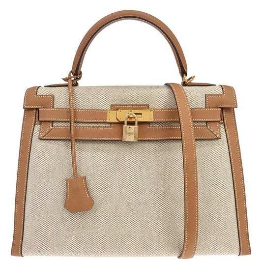 Hermes Natural Toile H Epsom Kelly 32 Sellier 2way Shoulder Handbag