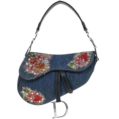 Christian Dior Blue Denim Patchwork Saddle Handbag