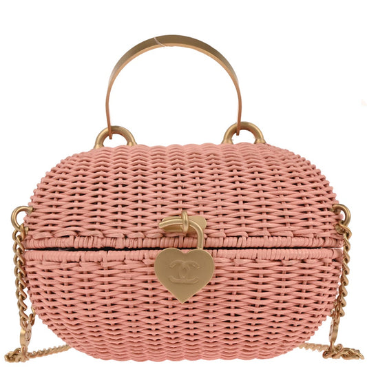 Chanel 2004-2005 Pink Rattan Heart Lock Basket Bag 2way Shoulder Handbag