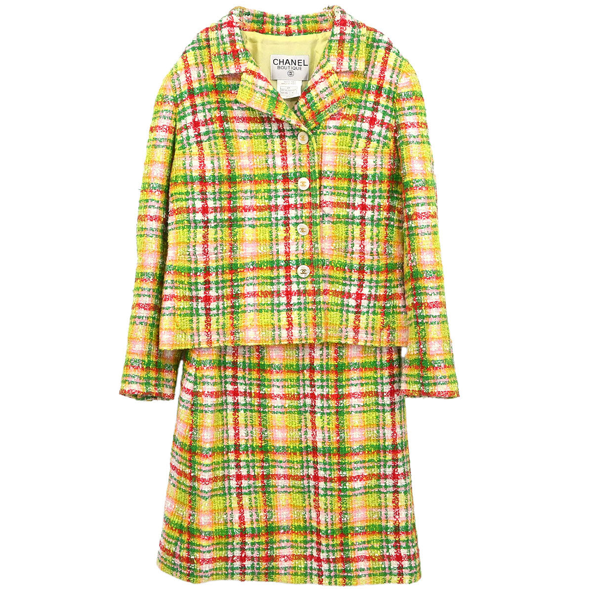 Chanel 1997 Setup Suit Jacket Skirt Tweed Yellow-green #40