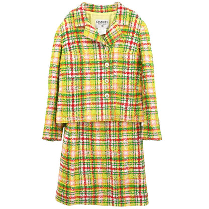 Chanel 1997 Setup Suit Jacket Skirt Tweed Yellow-green #40