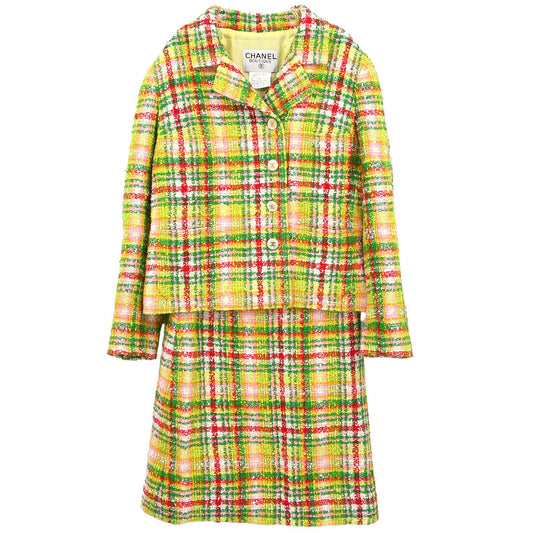 Chanel 1997 Setup Suit Jacket Skirt Tweed Yellow-green #40