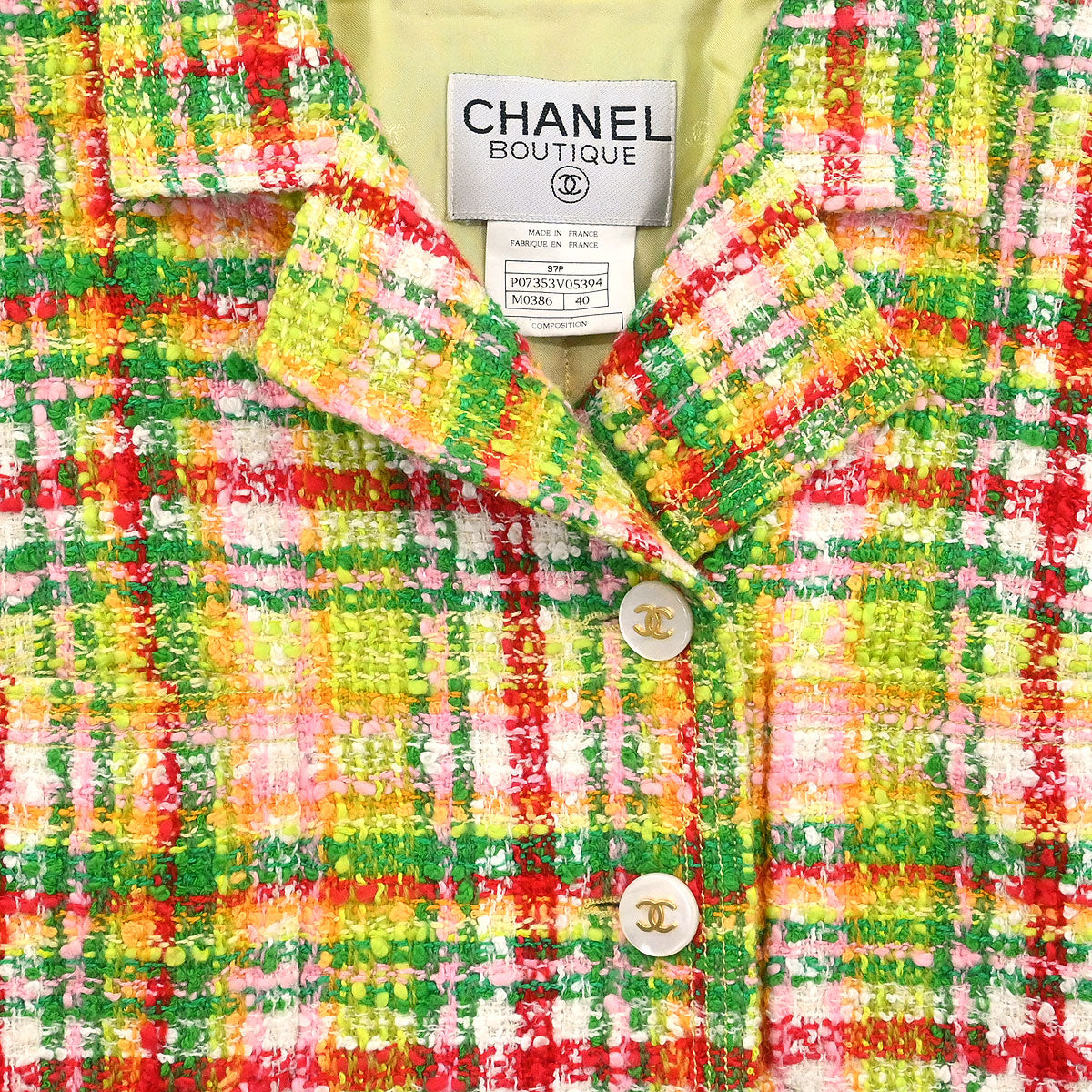 Chanel 1997 Setup Suit Jacket Skirt Tweed Yellow-green #40