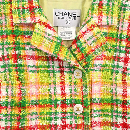 Chanel 1997 Setup Suit Jacket Skirt Tweed Yellow-green #40