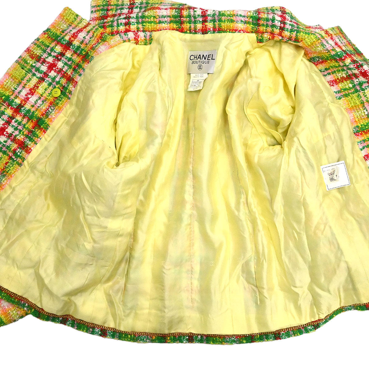Chanel 1997 Setup Suit Jacket Skirt Tweed Yellow-green #40