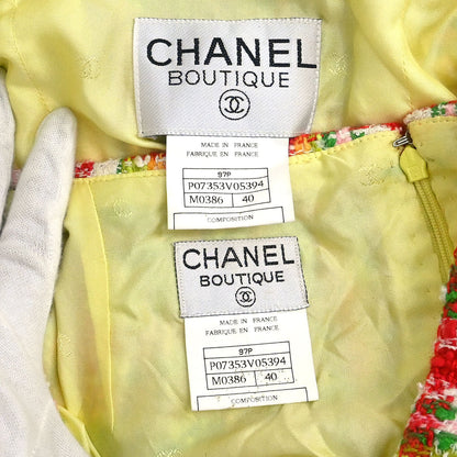 Chanel 1997 Setup Suit Jacket Skirt Tweed Yellow-green #40