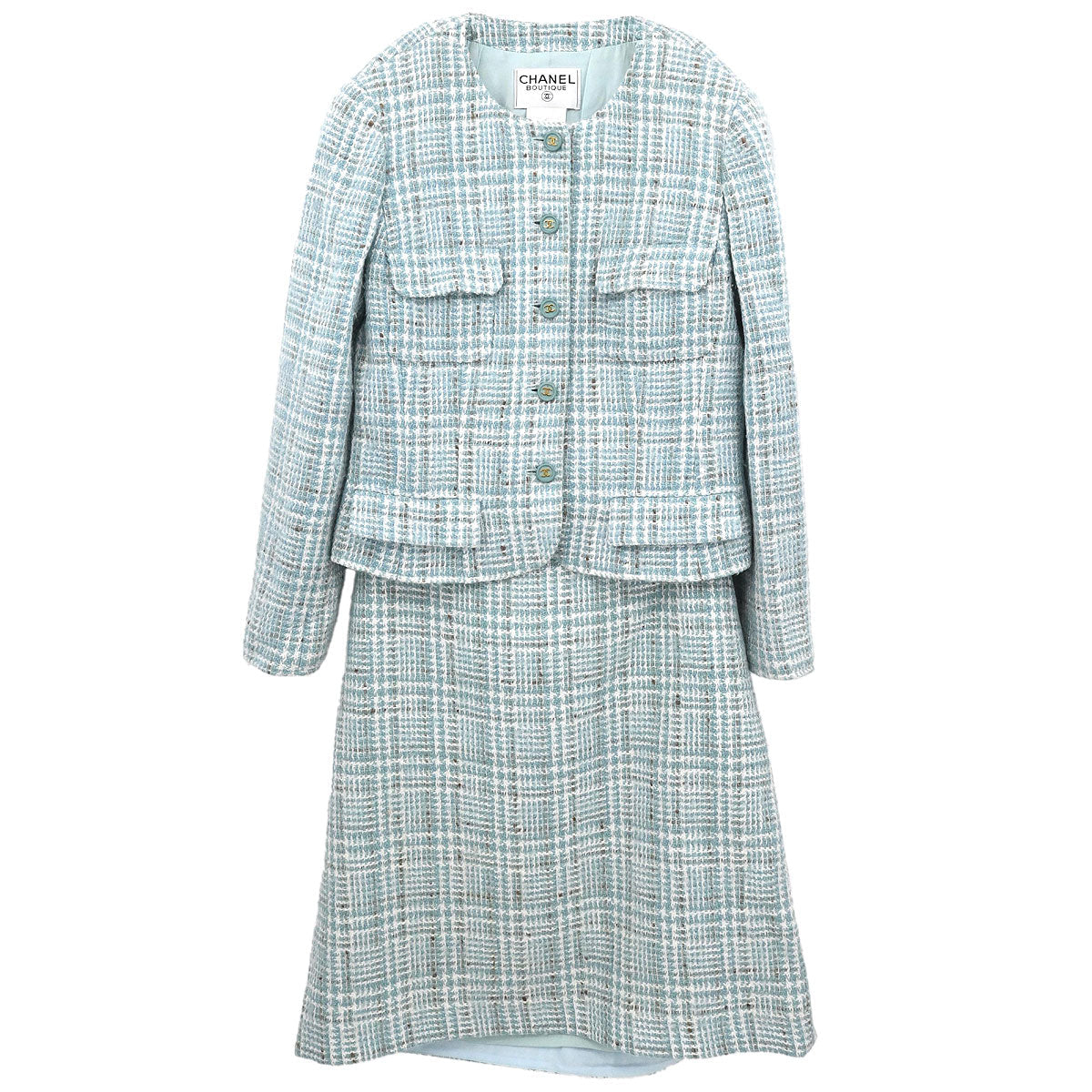 Chanel 1997 Setup Suit Jacket Skirt Tweed Light Blue #44