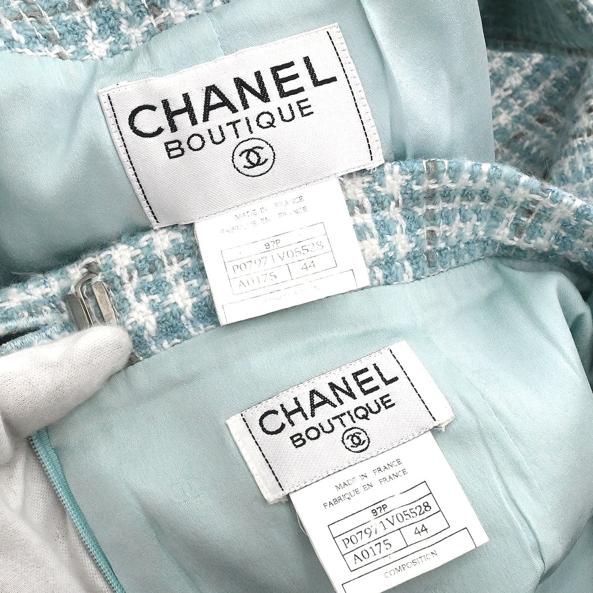 Chanel 1997 Setup Suit Jacket Skirt Tweed Light Blue #44
