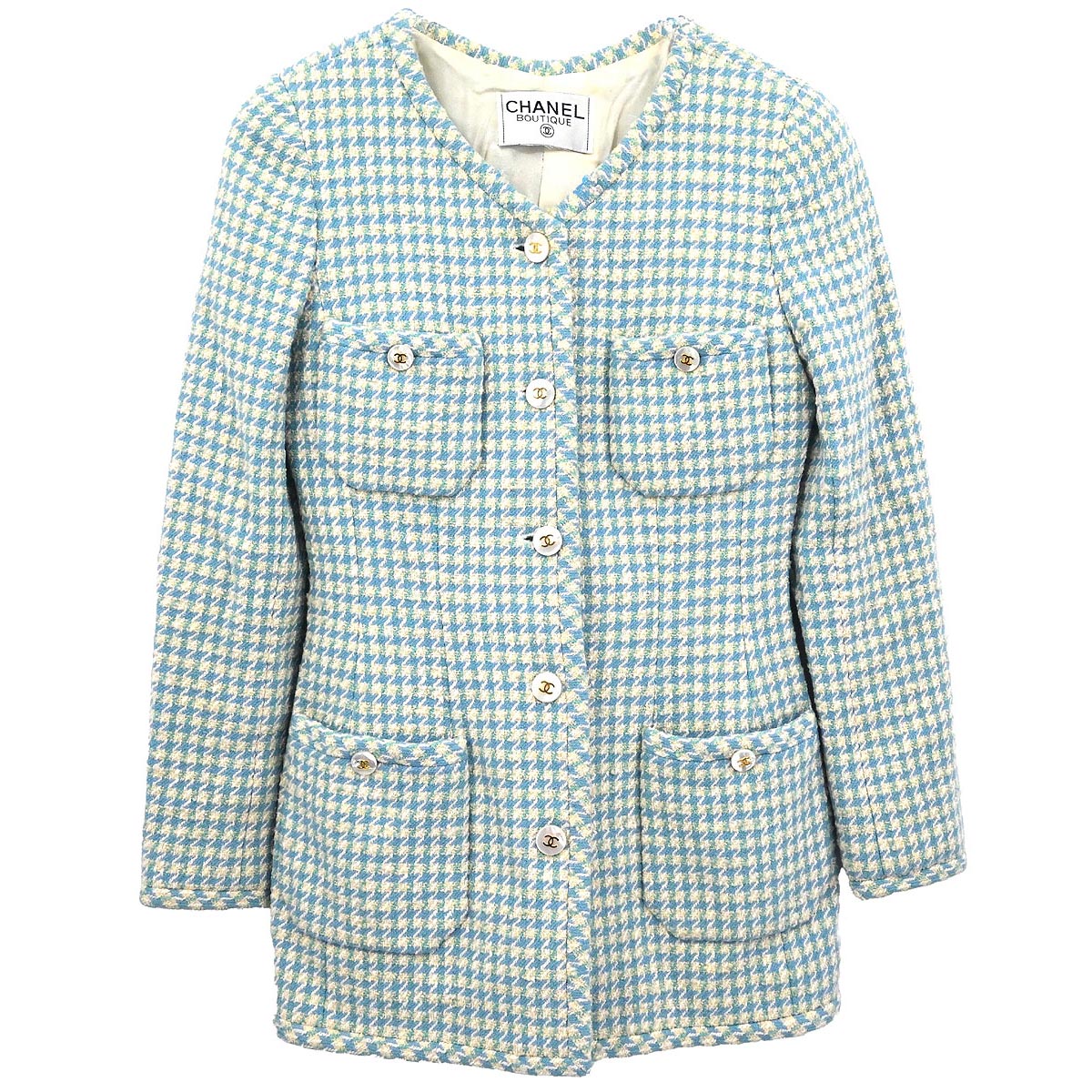 Chanel Single Breasted Collarless Tweed Jacket Light Blue