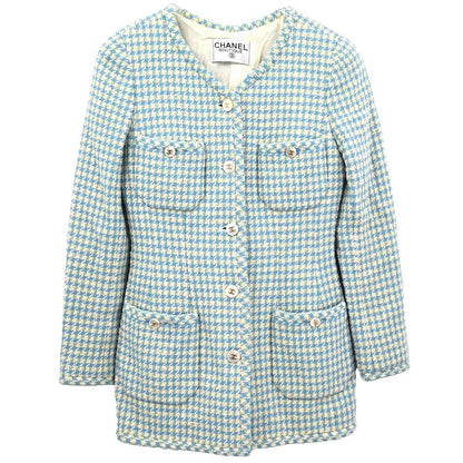 Chanel Single Breasted Collarless Tweed Jacket Light Blue