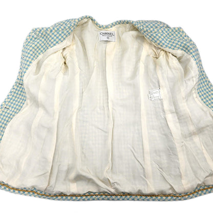 Chanel Single Breasted Collarless Tweed Jacket Light Blue
