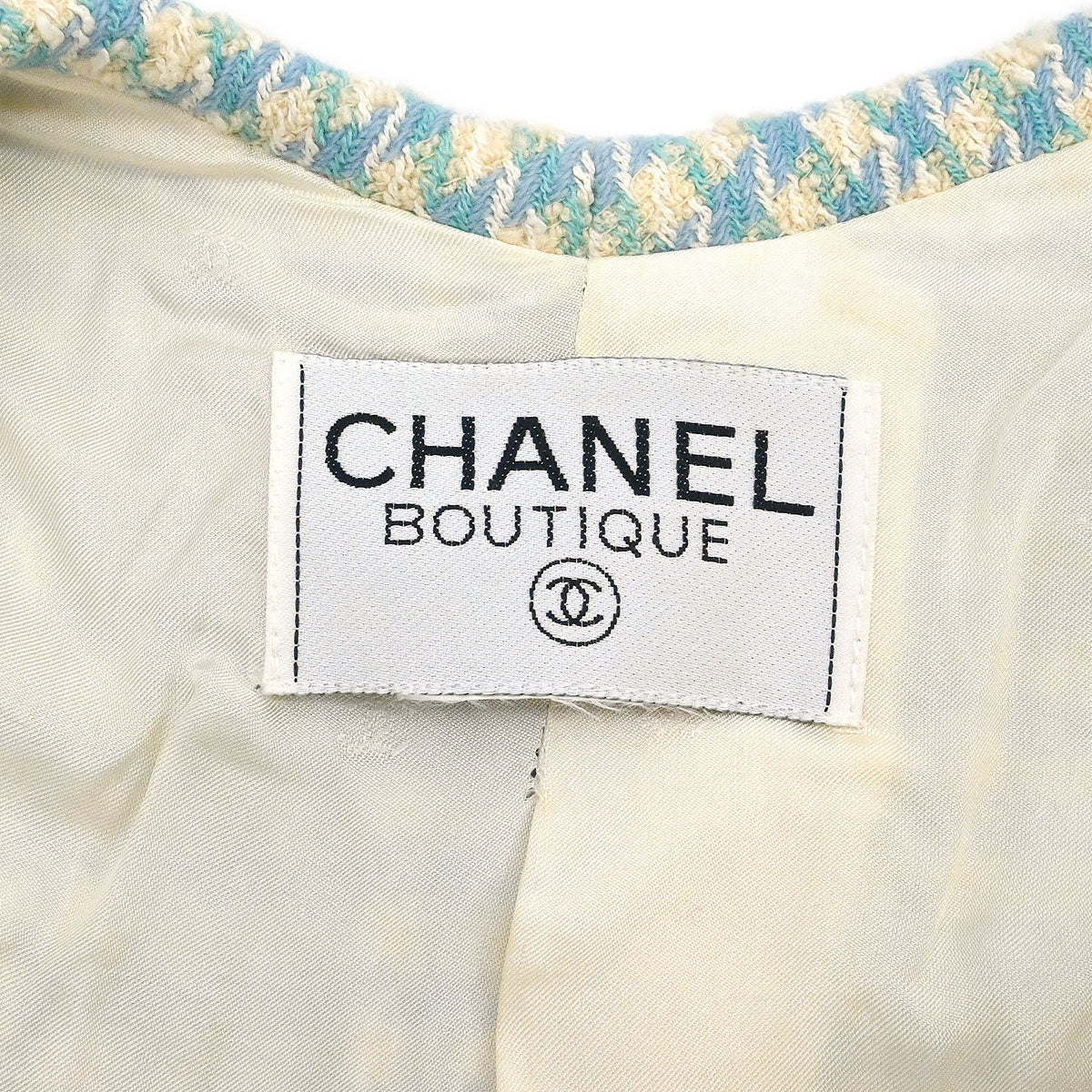 Chanel Single Breasted Collarless Tweed Jacket Light Blue