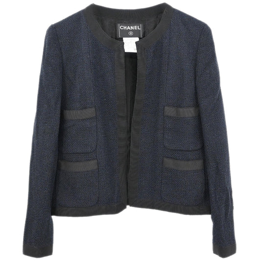 Chanel 2002 Single Breasted Collarless Jacket Navy #38