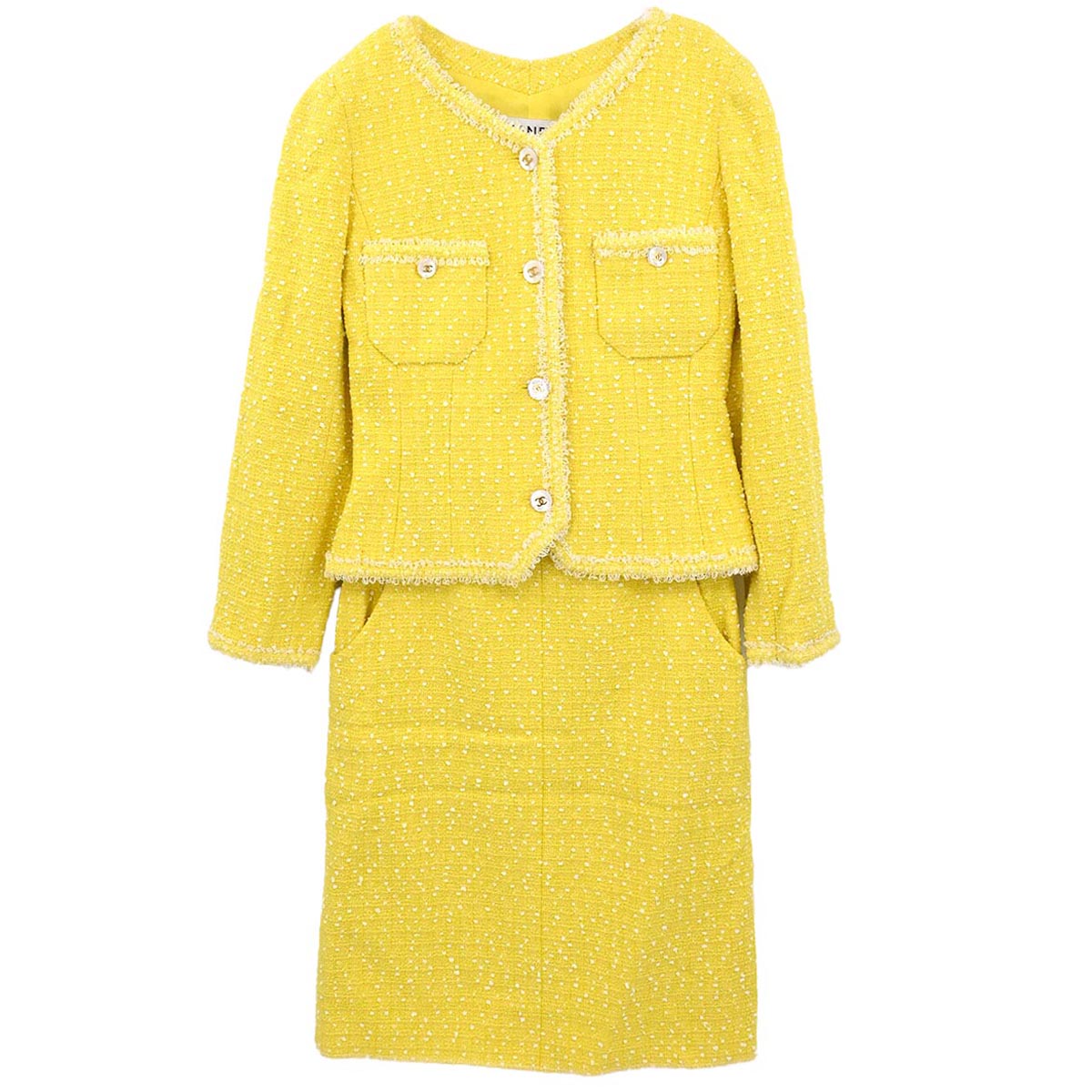 Chanel 1997 Setup Suit Jacket Skirt Tweed Yellow #36