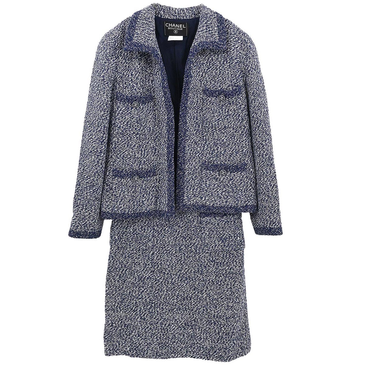 Chanel 1997 Setup Suit Jacket Skirt Tweed Navy #40